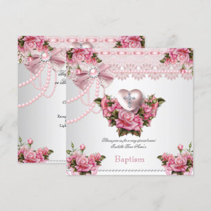 Taufe Pink Silber Herz Kreuz Mädchen Rose 5 Einladung