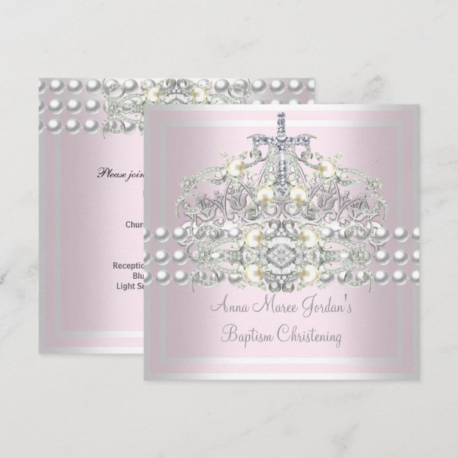 Taufe Pink Tiara Silver White Pearl Diamond Einladung (Vorne/Hinten)