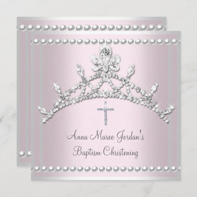 Taufe Pink Tiara Silver White Pearl Diamond Einladung (Vorne/Hinten)