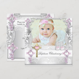 Taufe Pink Weiße Kreuz Mädchen Foto Taufgeschenk Einladung