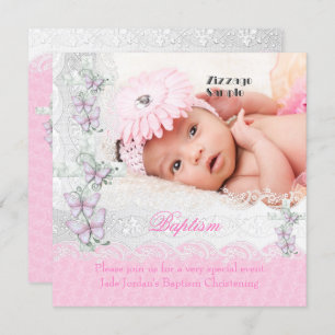 Taufe Pink White Lace Foto Butterfly Cross Girl Einladung