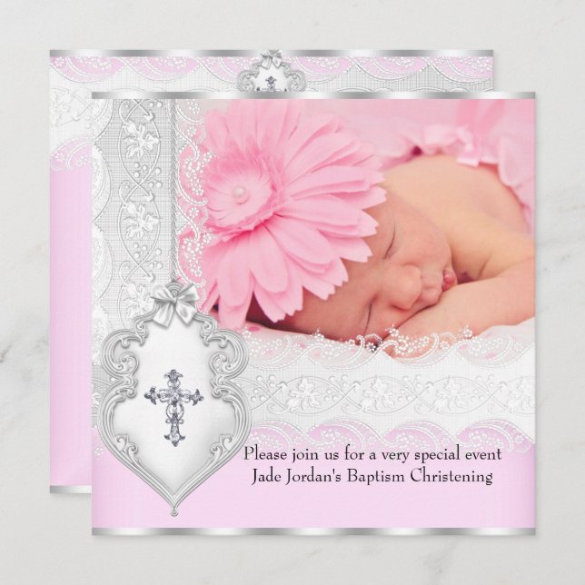 Taufe Pink White Lace Foto Jewel Cross Girl 3 Einladung (Vorne/Hinten)