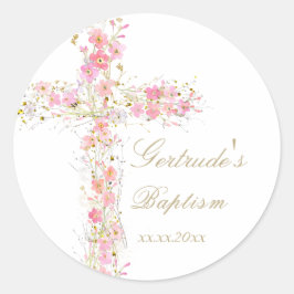 Taufe pinkfarbene Blume kreuzen kleine Mädchen Runder Aufkleber