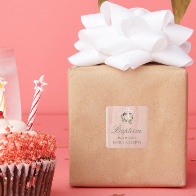 Taufe Rosa Marsala Bloral Monogramm Aufkleber (Party)