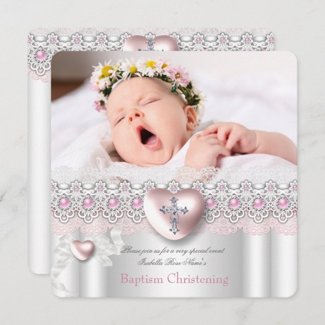 Taufe Rosa Silberes Foto Herzkreuz Perlmuschel Einladung (Vorne/Hinten)