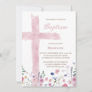 Taufe rosa Wasserfarbenkreuz und Blume Einladung