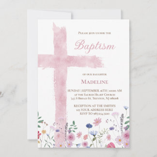 Taufe rosa Wasserfarbenkreuz und Blume Einladung