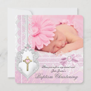 Taufe Rosa Weiß Spitze Foto Perlenkreuz Mädchen Einladung