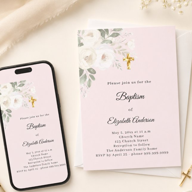 Taufe rosa weiße Blumen Mädchen Einladung (Von Creator hochgeladen)