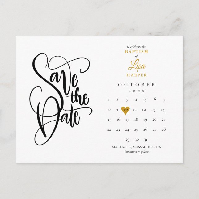 Taufe Save the Date Kalender Gold Herz Ankündigungspostkarte (Vorderseite)