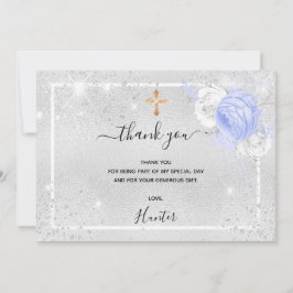 Taufe silber Glitzer blauen Blumen Foto Junge Dankeskarte