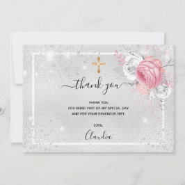 Taufe Silber Glitzer Rosa Floralie Foto Mädchen Dankeskarte