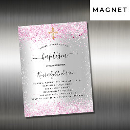 Taufe silber pink Glitzer Mädchen Einladung Magnet