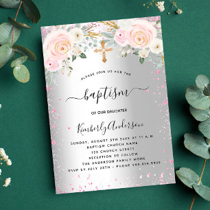 Taufe silber pinkfarbene Blumen Glitzer Mädchen el Einladung