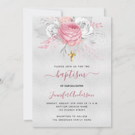 Taufe silber pinkfarbene Blumen Mädchen elegant we Einladung