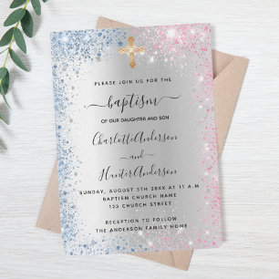 Taufe silberblau pinkfarbene Zwillinge Mädchen Lux Einladung