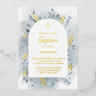 Taufe staubblaues Aquarellsilber Folieneinladung