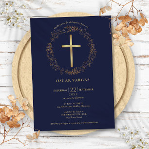 Taufe Taufkleid Navy Blau Gold Kreuz Blumenmuster Einladung