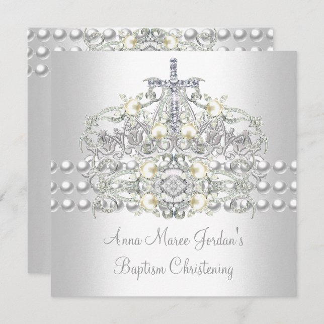 Taufe Tiara Silver White Pearl Diamond Einladung (Vorne/Hinten)