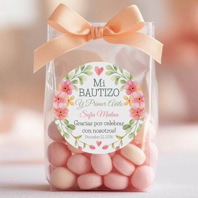 Taufe und Blume zum ersten Geburtstag Runder Aufkleber (Von Creator hochgeladen)