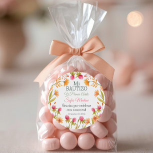 Taufe und Niedliche rosa Blume am ersten Geburtsta Runder Aufkleber