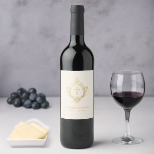 Taufe Vintage Crest Faux Gold Folie Kreuz Elfenbei Weinetikett