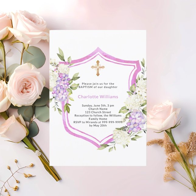 Taufe Wappen Rosa violette Blüte Mädchen Einladung (Von Creator hochgeladen)