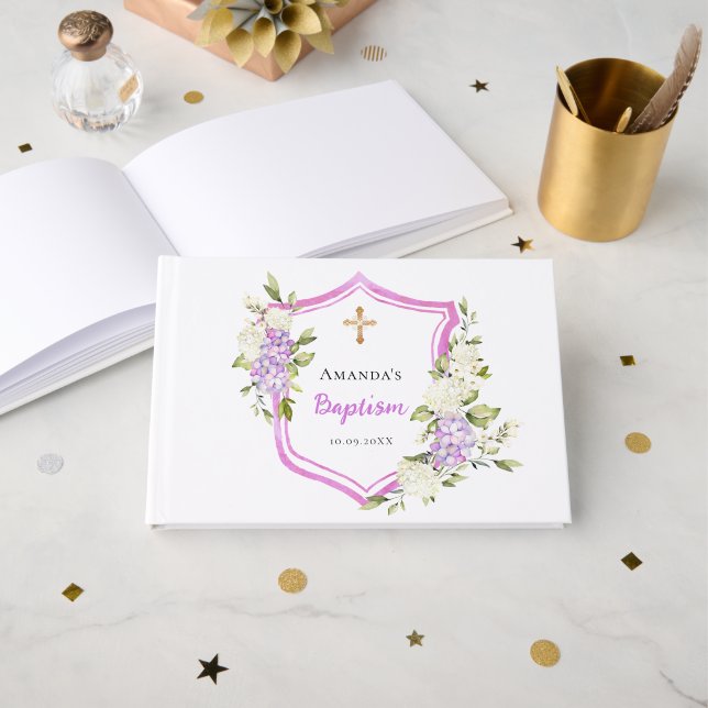 Taufe Wappen Rosa violette Blüte Mädchen Gästebuch (Vorderseite Offen)
