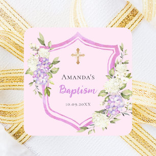 Taufe Wappen Rosa violette Blüte Mädchen Quadratischer Aufkleber