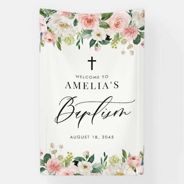 Taufe Wasserfarbe Weiße und blaue Blumengarten Banner (Vertikal)