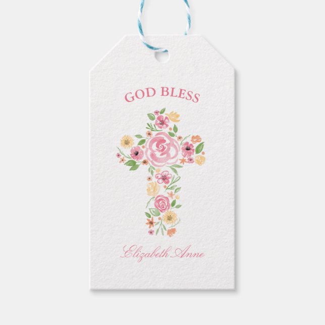 Taufe Wasserfarbenpinke und Gelbe Blume Kreuz Geschenkanhänger (Vorderseite)