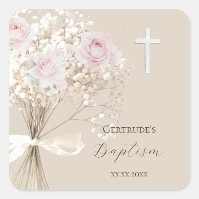 Taufe zartes Bouquet  Quadratischer Aufkleber (Vorderseite)