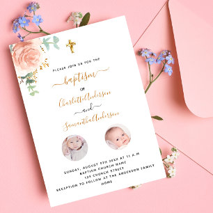 Taufe Zwillinge Mädchen weiß floral Foto Luxus Einladung