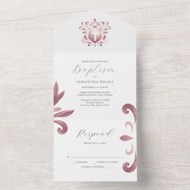 Taufeinladungen und RSVP-Card-Dusty Pink-Wappen All In One Einladung (Innen Boden)