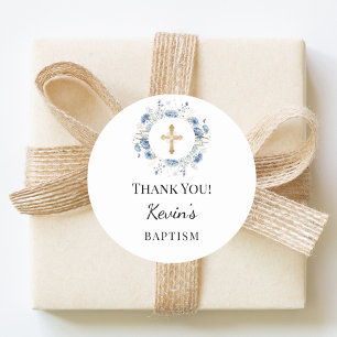 Taufjunge blaue Blumen Kranz Kreuz Danke Runder Aufkleber