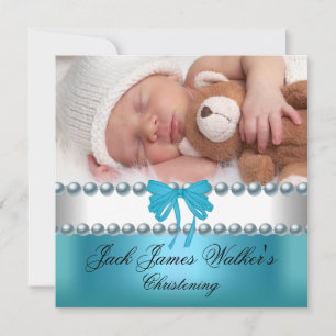 Taufjunge Christening Junge Weiß Blaues Band Foto Einladung