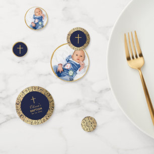 Taufjunge Foto Marineblau Gold Rosen Vintage Konfetti