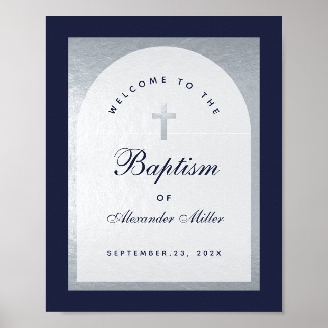 Taufjunge Navy Blau Silberbogen Willkommensschild Poster (Vorne)