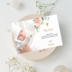 Taufkarte mit rosa Blumen und Foto zum Dankeschön Einladung