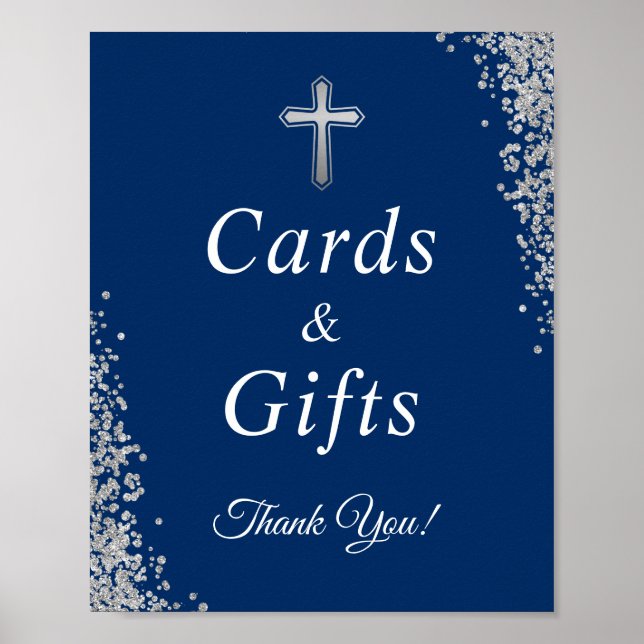 Taufkarten und Geschenke Silver Glitzer Navy Blue Poster (Vorne)