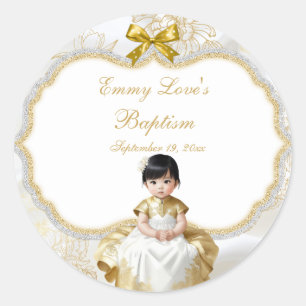 Taufkleid für Baby Mädchen Weiß & Gold Runder Aufkleber