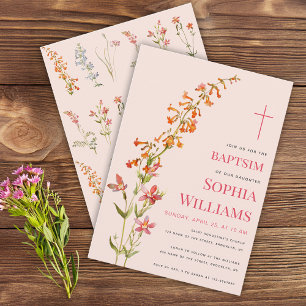 Taufkleid Mädchen Rosa Floral Wasserfarbe Wildblum Einladung
