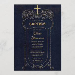 Taufkleid Navyblau Vintage-Kalligrafie Kreuz für J Einladung