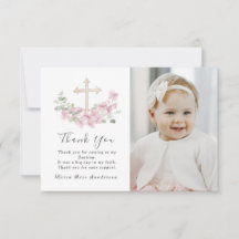 Taufkreuz Dankeskarten mit floralem Rosa für Fotos