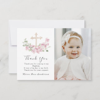 Taufkreuz Dankeskarten mit floralem Rosa für Fotos Dankeskarte