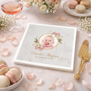 Taufmädchen Foto Marmor Rosa Orchideen Gold Blumen Serviette
