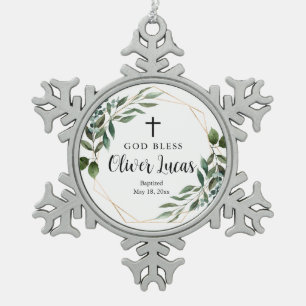 Taufschmuck mit Grünkreuz und Schneeflocke im Rahm Schneeflocken Zinn-Ornament
