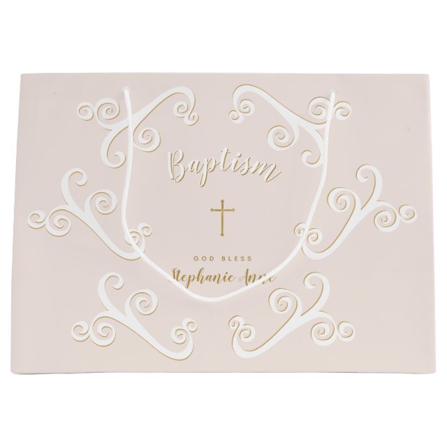 Taufscrolls in Rosa und Gold Große Geschenktüte (Vorderseite)