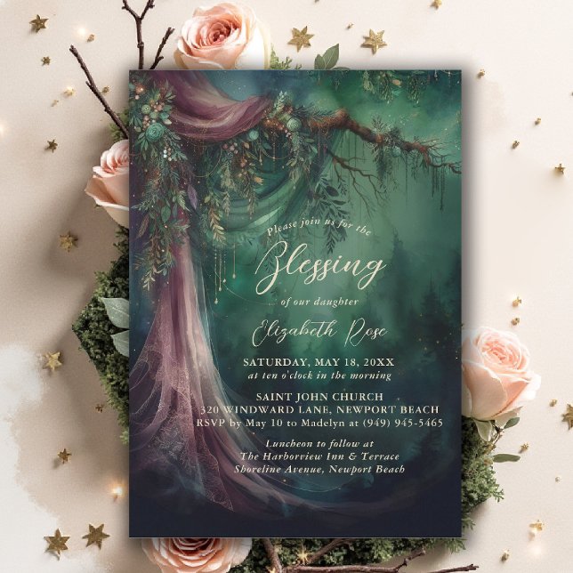 Taufsegen Verzauberter Garten Märchen Drapiert Einladung (baptism invitation christening enchanted forest garden botanical greenery emerald gold floral draped)