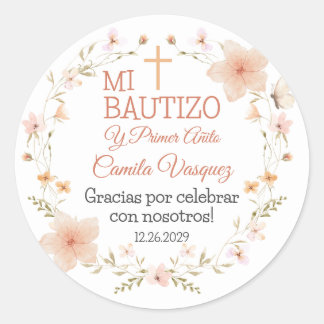 Taufsticker auf Spanisch mit Niedlich rosa Blume Runder Aufkleber